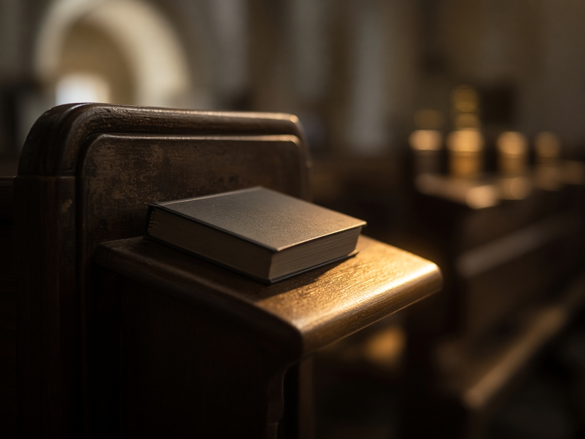 Wooden pew and warm light at Brownwood Church